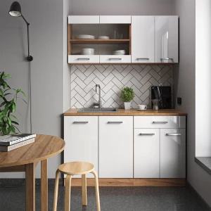 Singleküche R-Line Weiß Hochglanz/Goldkraft Eiche 140 cm ohne Arbeitsplatte livinity®