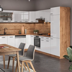 Eckküche R-Line Weiß Hochglanz/Goldkraft Eiche 287 x 227 cm ohne Arbeitsplatte livinity®