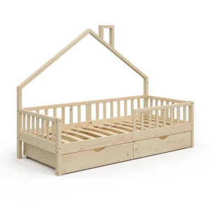 Lit cabane Noemi Naturel bois 90x200 cm avec 2 tiroirs Vitalispa