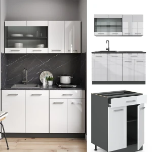 Singleküche R-Line Weiß Hochglanz/Anthrazit 140 cm , AP Marmor livinity®