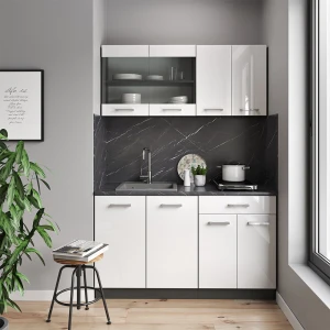 Singleküche R-Line Weiß Hochglanz/Anthrazit 140 cm ohne Arbeitsplatte livinity®