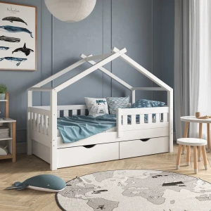 Hausbett Design Weiß 80x160 cm mit 2 Schubladen und Matratze livinity®