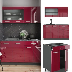 Singleküche R-Line Rot Hochglanz/Anthrazit 140 cm , AP Anthrazit livinity®