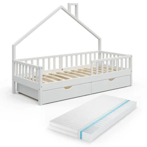 Lit cabane Noemi Blanc 90x200 cm avec 2 tiroirs et matelas Vitalispa