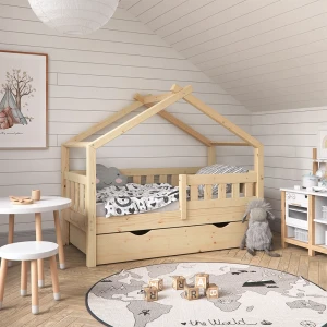 Hausbett Design Naturholz 70x140 cm mit Schublade und Matratze livinity®