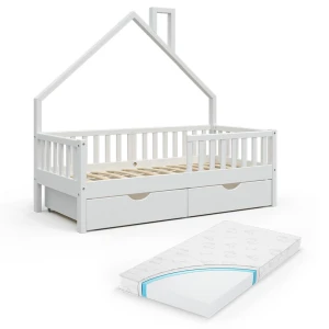 Lit cabane Noemi Blanc 80x160 cm avec 2 tiroirs et matelas Vitalispa