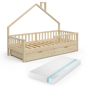 Lit cabane Noemi Naturel bois 90x200 cm avec 2 tiroirs et matelas Vitalispa