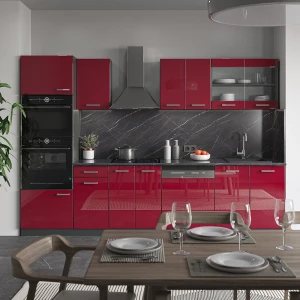 Küchenzeile R-Line Rot Hochglanz/Anthrazit 300 cm mit Hochschrank, ohne Arbeitsplatte livinity®