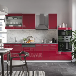 Küchenzeile Fame-Line Bordeaux Hochglanz/Weiß 300 cm mit Hochschrank, ohne Arbeitsplatte livinity®