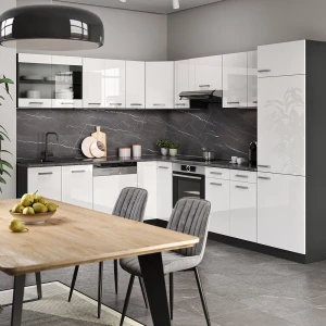 Eckküche R-Line Weiß Hochglanz/Anthrazit 287 x 227 cm ohne Arbeitsplatte livinity®