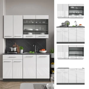 Singleküche Fame-Line Weiß Hochglanz/Anthrazit 140 cm , AP Eiche livinity®