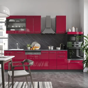 Küchenzeile Fame-Line Bordeaux Hochglanz/Anthrazit 300 cm mit Hochschrank, AP Anthrazit livinity®