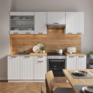 Küchenzeile Fame-Line Weiß Landhaus/Weiß 240 cm ohne Arbeitsplatte livinity®