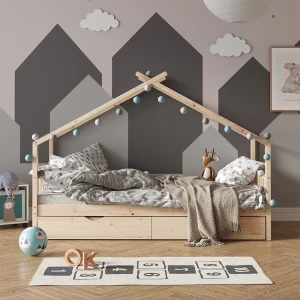 Hausbett Design Naturholz 90x200 cm mit Gästebett und Matratze livinity®