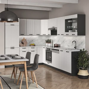 Eckküche Fame-Line Weiß Landhaus/Anthrazit 287 x 227 cm ohne Arbeitsplatte livinity®