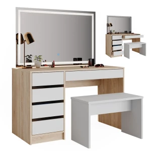 Makeupbord Sherry Hvid/Sonoma 120 cm med LED-spejl og skammel Vicco