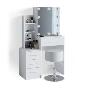 Makeupbord Conrada Hvid 80 cm med LED-belysning og skammel Vicco
