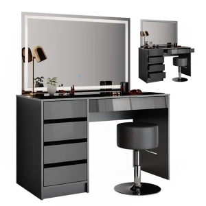 Makeupbord Sherry Antracit 120 cm med LED-spejl og skammel Vicco