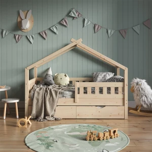 Hausbett Design Naturholz 80x160 cm mit Gästebett und Matratze livinity®