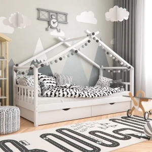 Hausbett Design Weiß 90x200 cm mit 2 Schubladen und Matratze livinity®