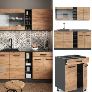 Singleküche R-Line Goldkraft Eiche/Anthrazit 160 cm , AP Marmor livinity®