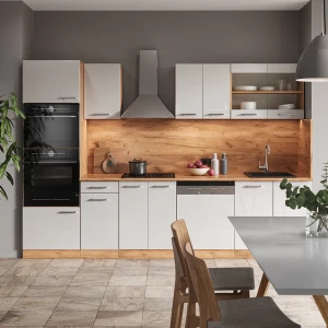 Küchenzeile R-Line Weiß Hochglanz/Goldkraft Eiche 300 cm mit Hochschrank, ohne Arbeitsplatte livinity®