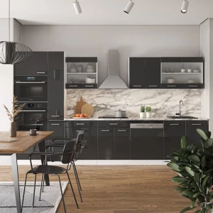 Küchenzeile R-Line Anthrazit Hochglanz/Weiß 350 cm mit Hochschrank, AP Marmor livinity®