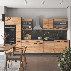 Küchenzeile R-Line Goldkraft Eiche/Anthrazit 350 cm mit Hochschrank, ohne Arbeitsplatte livinity®
