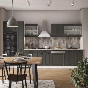 Küchenzeile R-Line Anthrazit Landhaus/Weiß 350 cm mit Hochschrank, AP Marmor livinity®