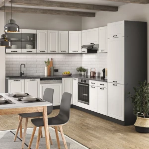 Eckküche R-Line Weiß Landhaus/Anthrazit 287 x 227 cm ohne Arbeitsplatte livinity®