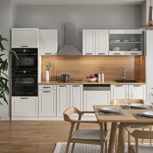 Küchenzeile R-Line Weiß Landhaus/Weiß 300 cm mit Hochschrank, ohne Arbeitsplatte livinity®