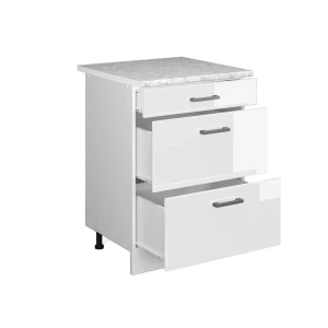 Küchenunterschrank R-Line Weiß Hochglanz 60 cm mit Schubladen, AP Marmor livinity®