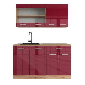 Küchenzeile R-Line Rot Hochglanz/Goldkraft Eiche 140 cm , AP Eiche Vicco