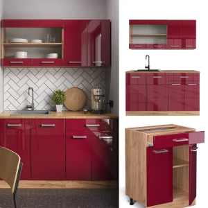 Küchenzeile R-Line Rot Hochglanz/Goldkraft Eiche 140 cm , AP Eiche livinity®