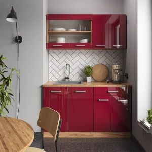 Singleküche R-Line Rot Hochglanz/Goldkraft Eiche 140 cm ohne Arbeitsplatte livinity®