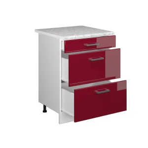 Küchenunterschrank R-Line Rot Hochglanz 60 cm mit Schubladen, AP Marmor livinity®