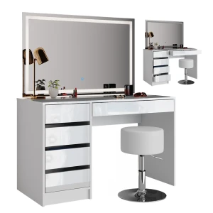 Makeupbord Sherry Hvid 120 cm med LED-spejl og skammel Vicco