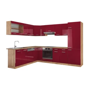 Hjørnekøkken R-Line Højglans rød/gylden eg 287 x 46 cm uden bordplade Vicco