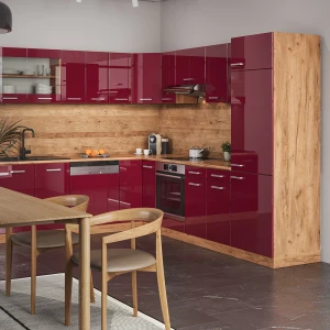 Eckküche R-Line Rot Hochglanz/Goldkraft Eiche 287 x 227 cm ohne Arbeitsplatte livinity®