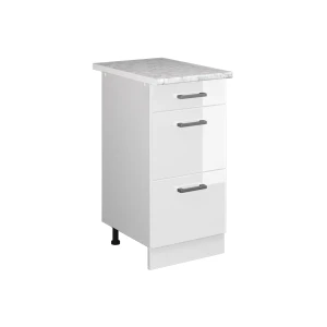 Küchenunterschrank R-Line Weiß Hochglanz 40 cm mit Schubladen, AP Marmor Vicco