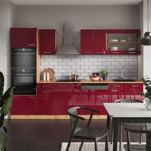 Küchenzeile R-Line Rot Hochglanz/Goldkraft Eiche 300 cm mit Hochschrank, ohne Arbeitsplatte livinity®
