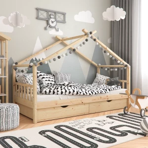 Hausbett Design Naturholz 90x200 cm mit 2 Schubladen und Matratze livinity®