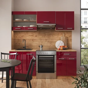 Küchenzeile R-Line Rot Hochglanz/Goldkraft Eiche 200 cm ohne Arbeitsplatte livinity®