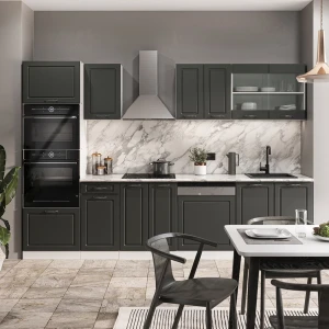 Küchenzeile R-Line Anthrazit Landhaus/Weiß 300 cm mit Hochschrank, AP Marmor livinity®