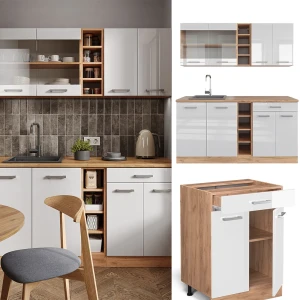 Singleküche R-Line Weiß Hochglanz/Goldkraft Eiche 160 cm , AP Eiche livinity®