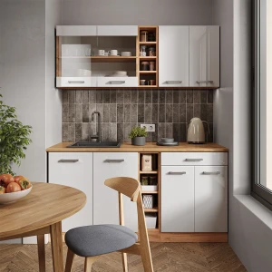 Singleküche R-Line Weiß Hochglanz/Goldkraft Eiche 160 cm ohne Arbeitsplatte livinity®