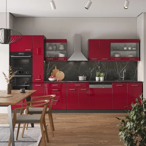 Küchenzeile R-Line Rot Hochglanz/Anthrazit 350 cm mit Hochschrank, ohne Arbeitsplatte livinity®