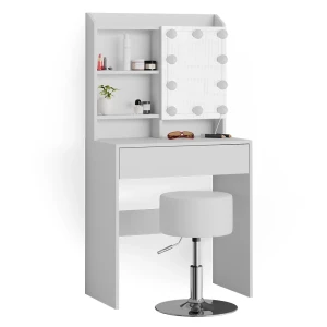 Makeupbord Laura Hvid 70 cm med LED-belysning og skammel Vicco