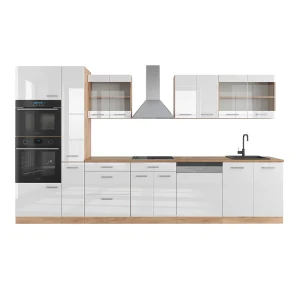 Tekøkken R-Line Hvid højglans/guld power oak 350 cm med højskab, BP Eg Vicco