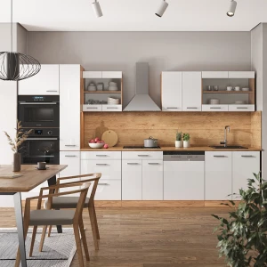 Küchenzeile R-Line Weiß Hochglanz/Goldkraft Eiche 350 cm mit Hochschrank, AP Anthrazit livinity®